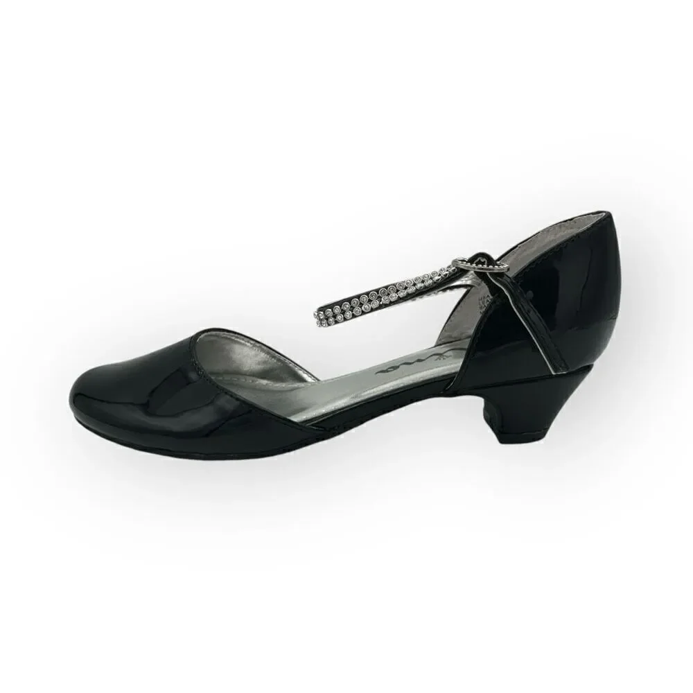 Nina Girls Cera Patent Leather Rhinestone Strap D'Orsay Heels Shoes Black Sz 3M